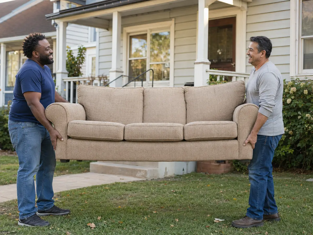 Two neighbors carrying a couch together