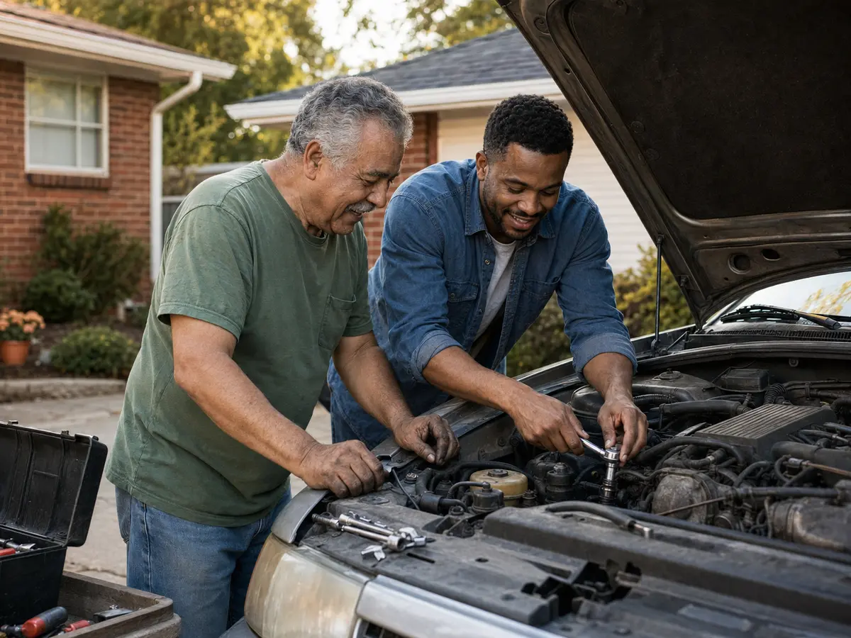 Two neighbors repairing a car together