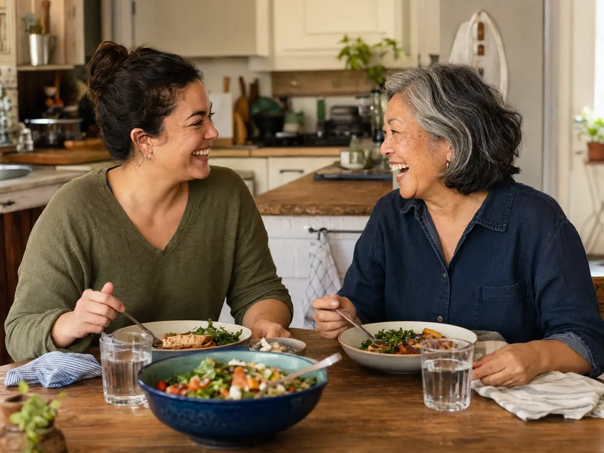 Two neighbors sharing a meal and conversation